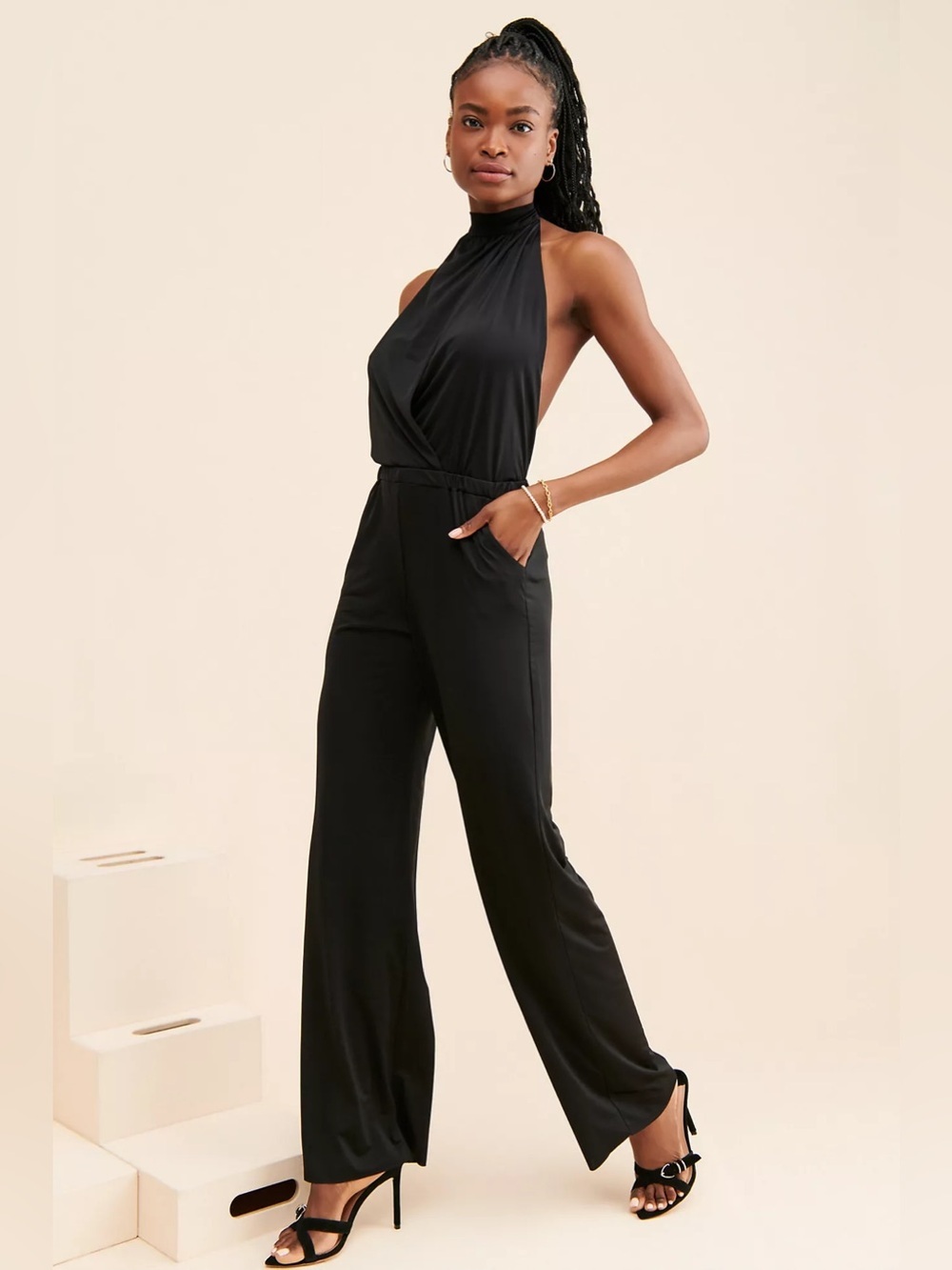 Anthropologie Ripley Rader Backless Halter Jumpsuit in Black Size M